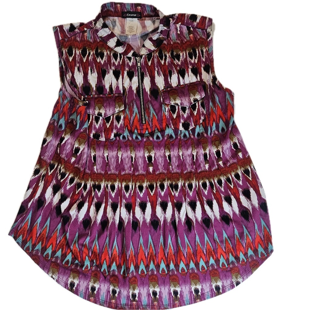 Cocomo Shirt Womens Medium Purple Multicolor‎ Sleeveless Zip Front Ikat Blouse